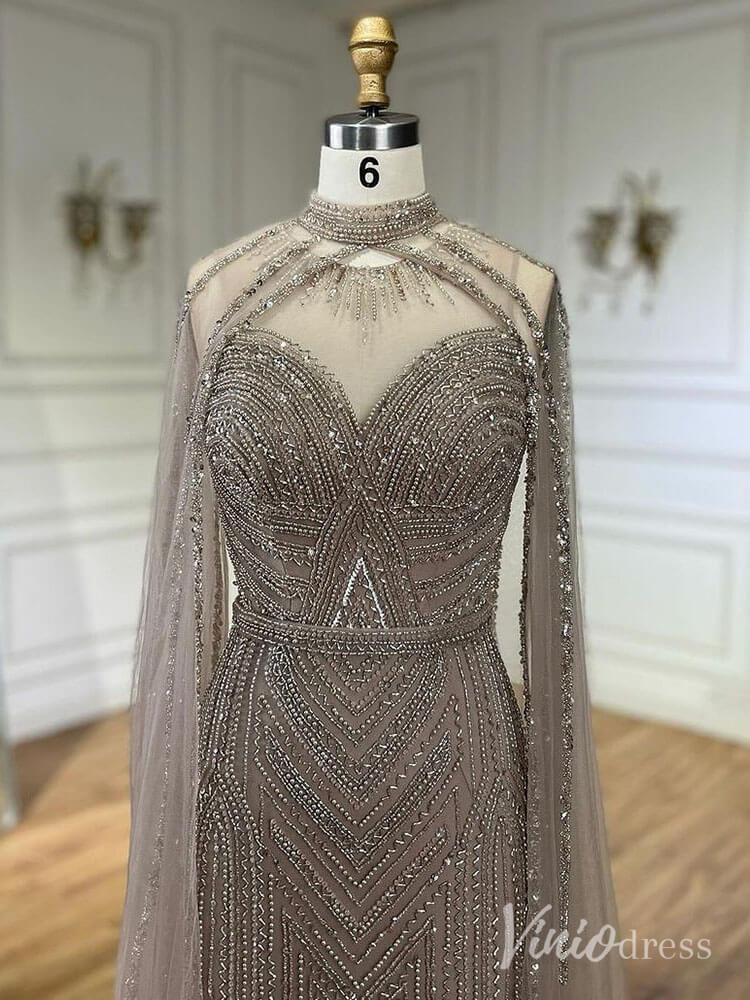 Beaded Removable Cape Sleeve Prom Dresses Mermaid High Neck Pageant Dress AD1253-prom dresses-Viniodress-Viniodress