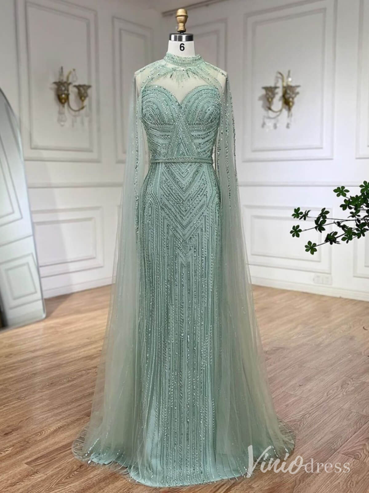 Beaded Removable Cape Sleeve Prom Dresses Mermaid High Neck Pageant Dress AD1253-prom dresses-Viniodress-Green-US 2-Viniodress