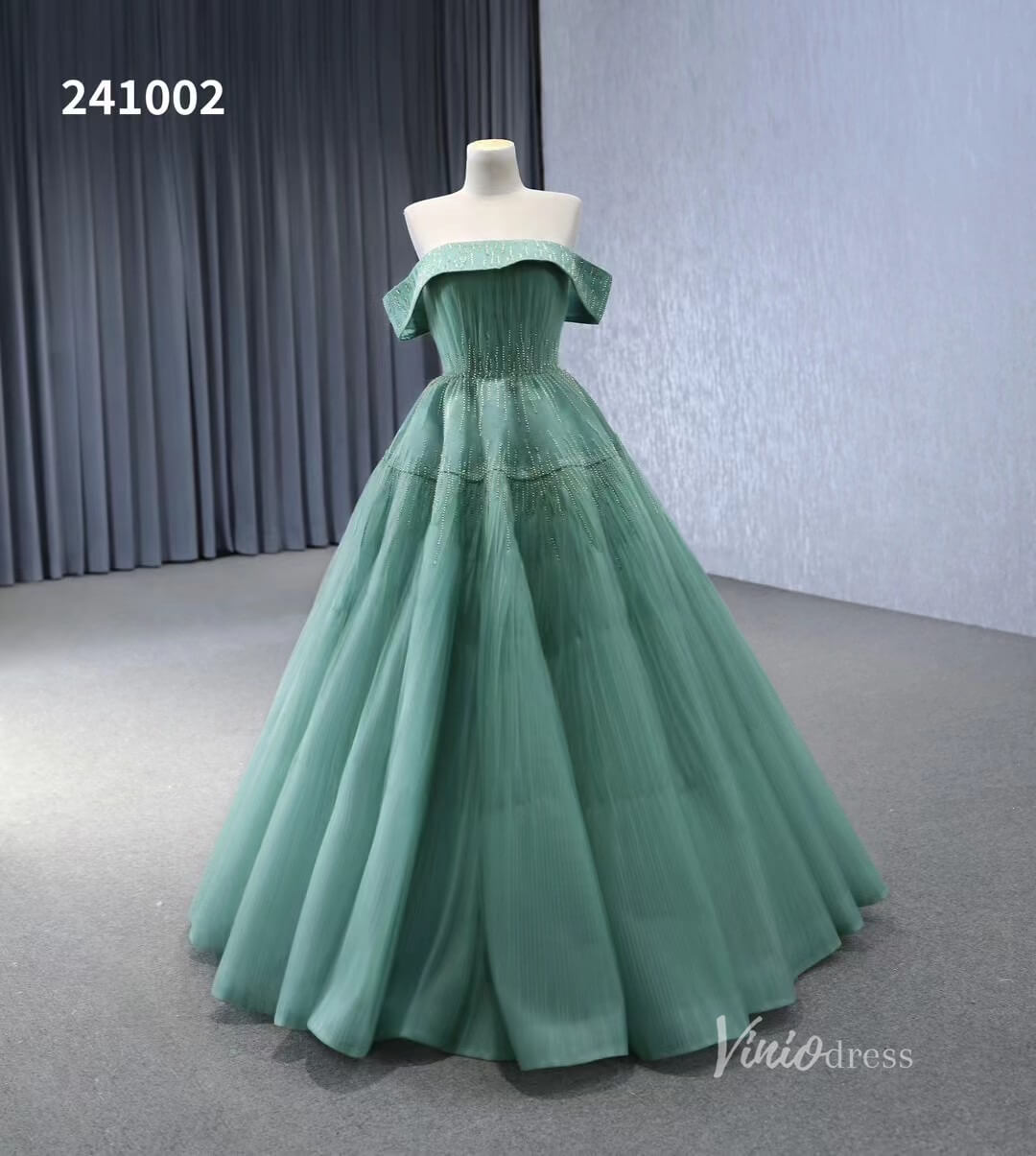 Beaded Ruched Prom Dress Off the Shoulder Wedding Gown 241002-Quinceanera Dresses 2025 -Viniodress-Green-Custom Size-