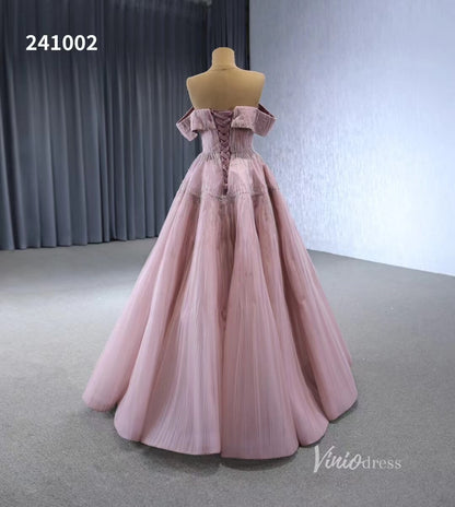 Beaded Ruched Prom Dress Off the Shoulder Wedding Gown 241002-Quinceanera Dresses 2025 -Viniodress-Pink-Custom Size-