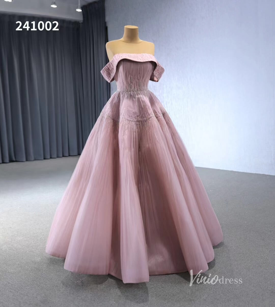 Beaded Ruched Prom Dress Off the Shoulder Wedding Gown 241002-Quinceanera Dresses 2025 -Viniodress-Pink-Custom Size-