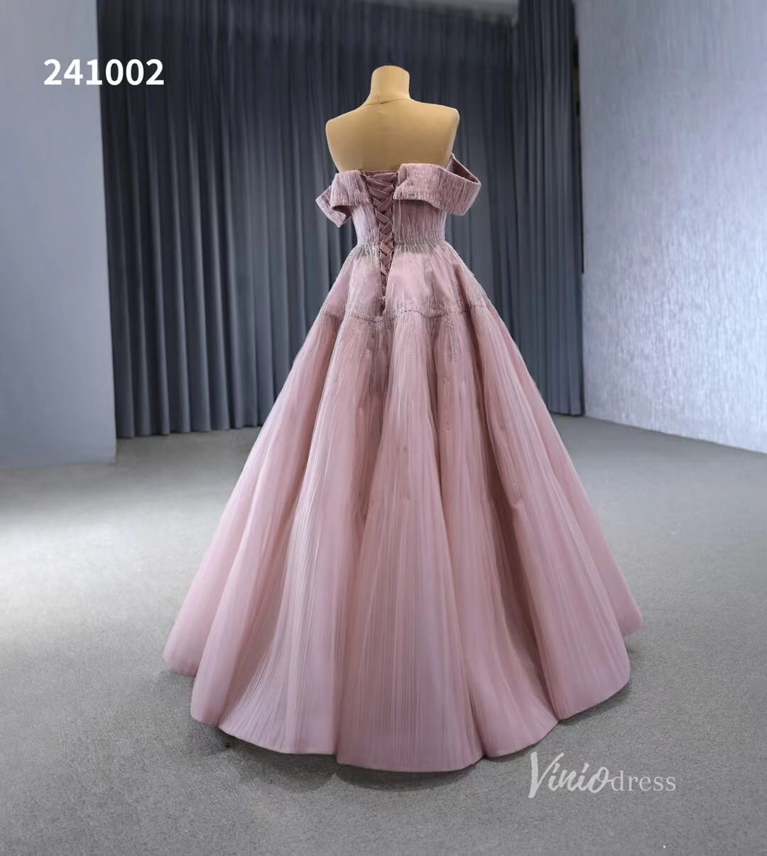 Beaded Ruched Prom Dress Off the Shoulder Wedding Gown 241002-Quinceanera Dresses 2025 -Viniodress-Pink-Custom Size-