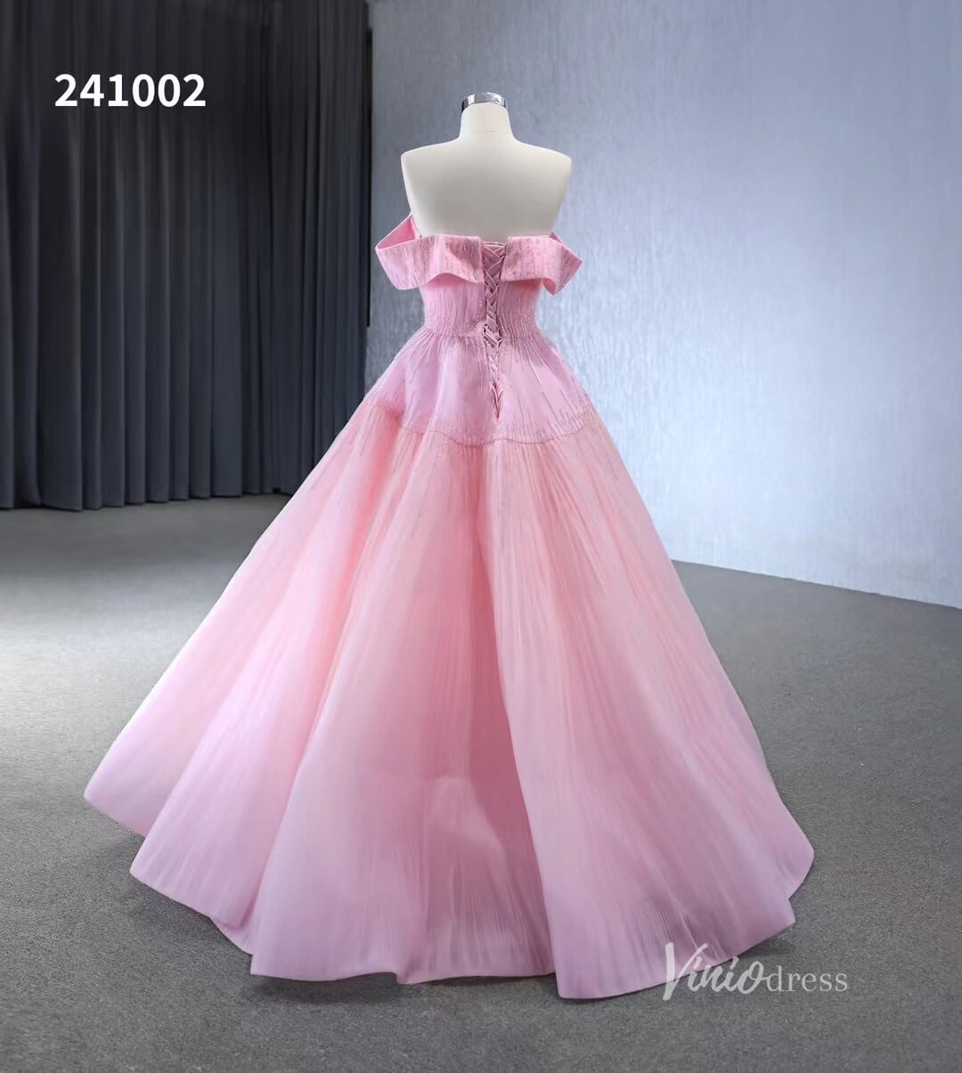 Beaded Ruched Prom Dress Off the Shoulder Wedding Gown 241002-Quinceanera Dresses 2025 -Viniodress-Pink-Custom Size-