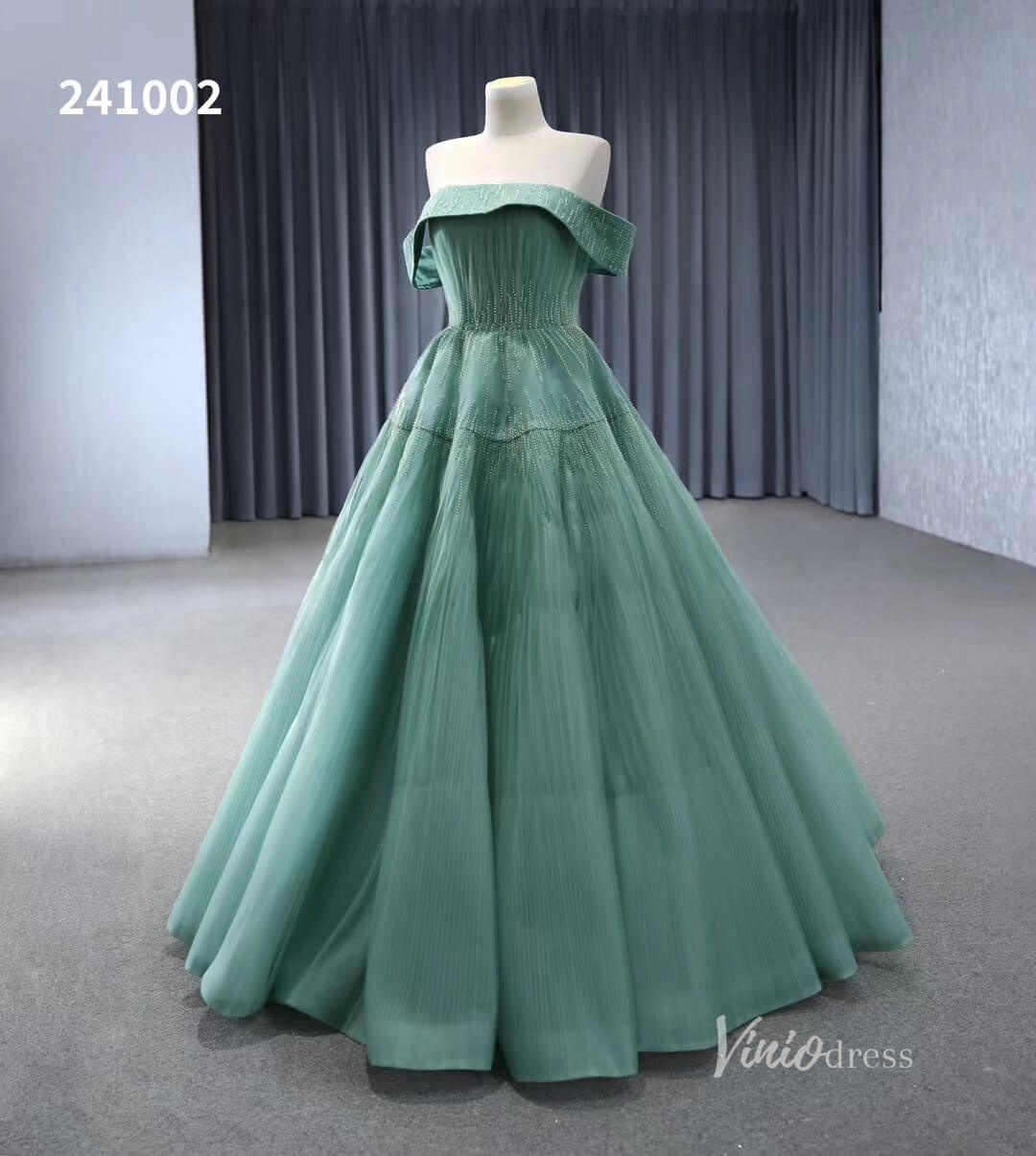 Beaded Ruched Prom Dress Off the Shoulder Wedding Gown 241002 - ViniodressQuinceanera DressesGreenCustom Size - Formal Dresses - Ball Gowns