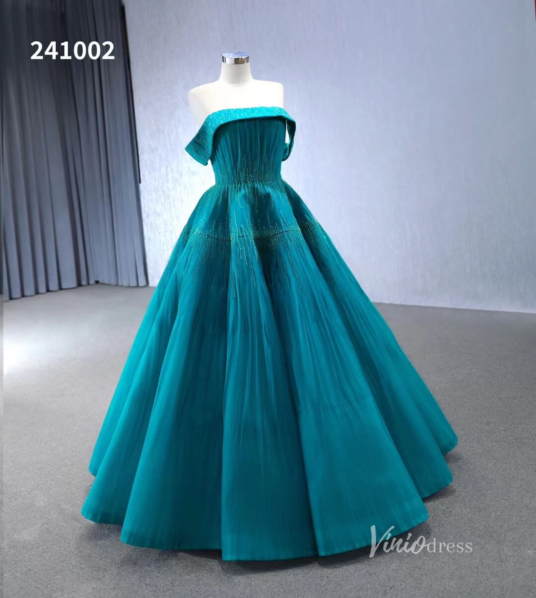 Beaded Ruched Prom Dress Off the Shoulder Wedding Gown 241002-Quinceanera Dresses-Viniodress-Blue-Custom Size-Viniodress