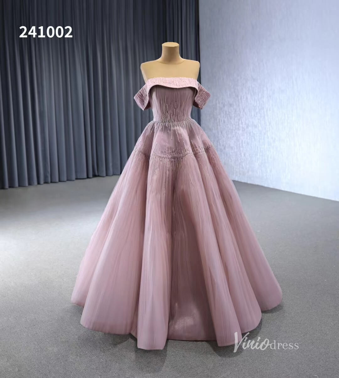 Beaded Ruched Prom Dress Off the Shoulder Wedding Gown 241002-Quinceanera Dresses-Viniodress-Dusty Rose-Custom Size-Viniodress