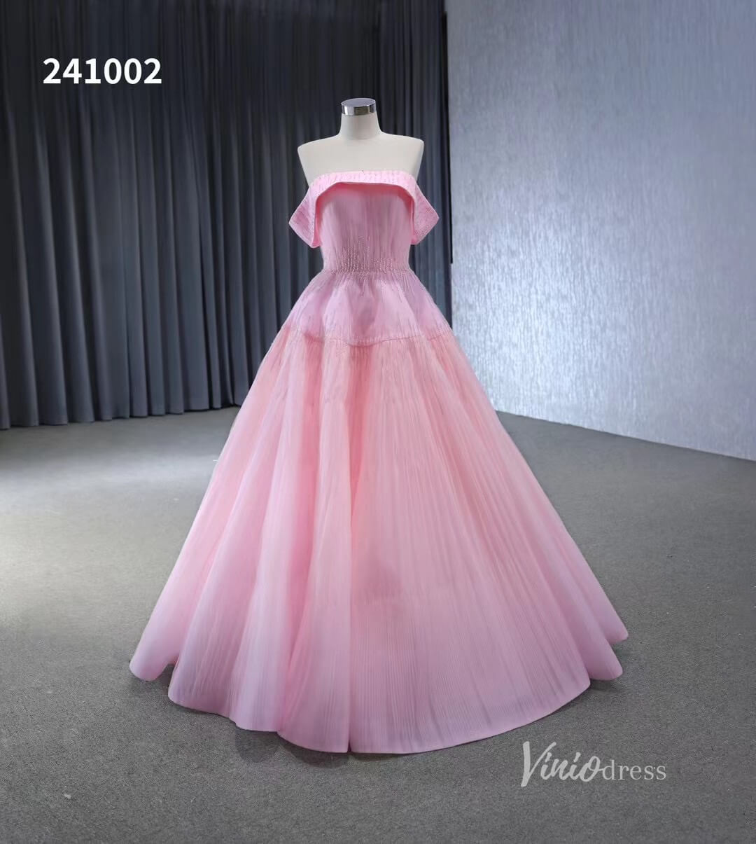 Beaded Ruched Prom Dress Off the Shoulder Wedding Gown 241002-Quinceanera Dresses-Viniodress-Pink-Custom Size-Viniodress