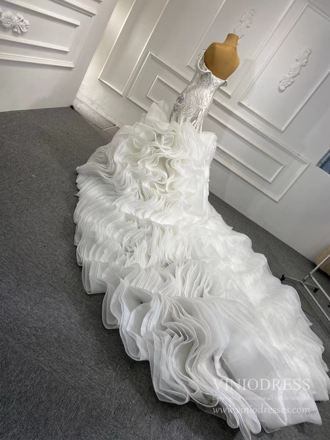 Beaded Ruffle Memraid Wedding Gown with Long Train VINIODRESS Viniodress Beaded Ruffle Memraid Wedding Gown with Long Train VINIODRESS Viniodress