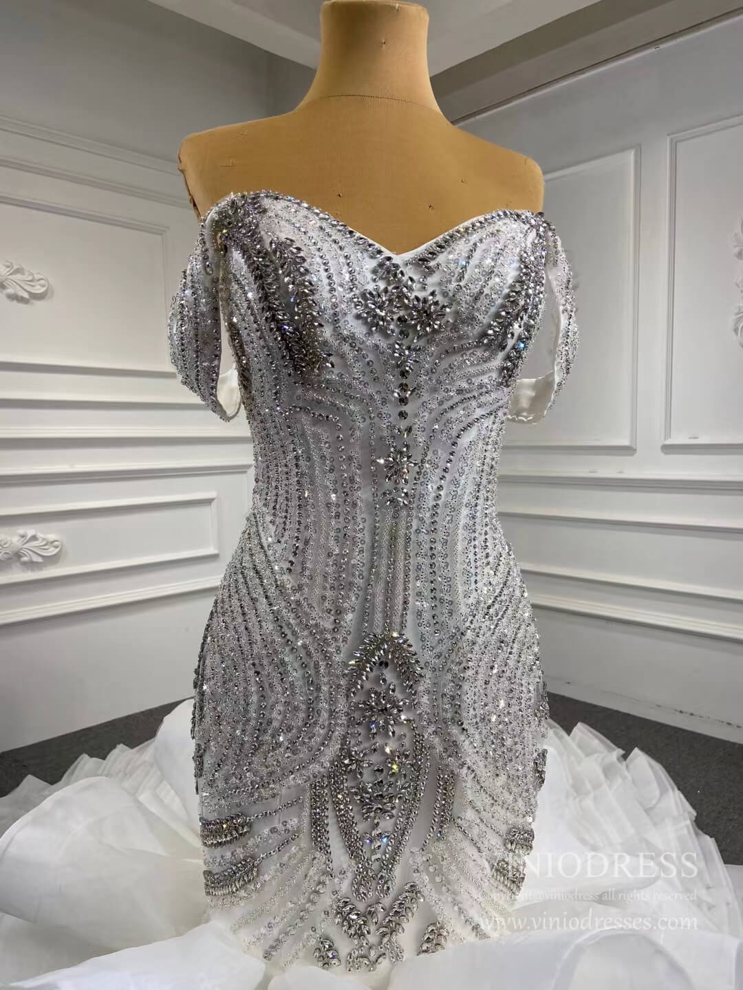 Beaded Ruffle Memraid Wedding Gown with Long Train VINIODRESS-wedding dresses 2025 -Viniodress-Ivory-Custom Size-