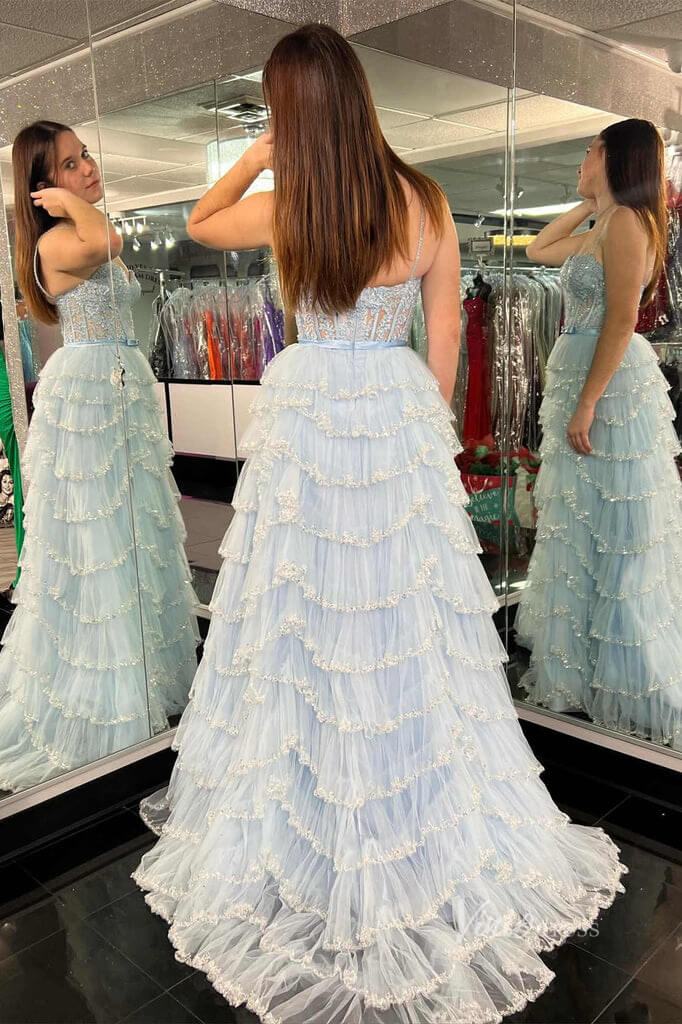 Beaded Ruffle Prom Dresses Tiered Spaghetti Strap Wedding Dresses with Slit FD3640-prom dresses 2025 -Viniodress-Light Blue-Custom Size-