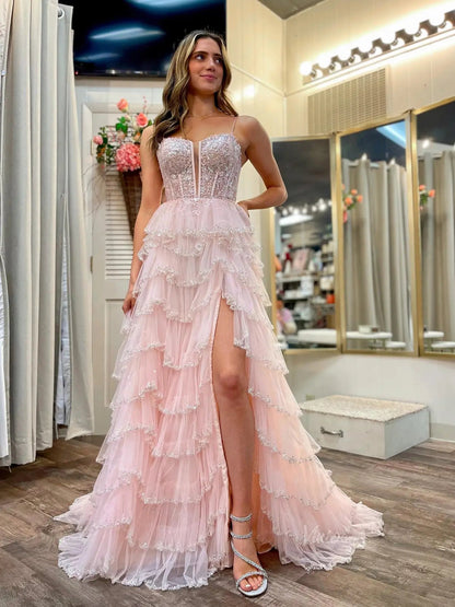 Beaded Ruffle Prom Dresses Tiered Spaghetti Strap Wedding Dresses with Slit FD3640-prom dresses 2025 -Viniodress-Pink-Custom Size-