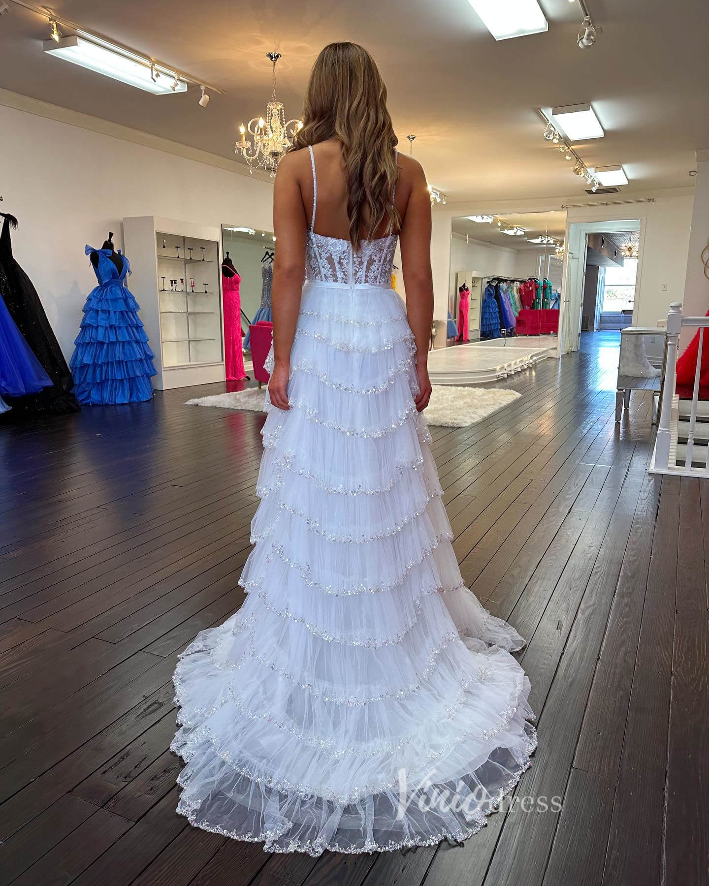 Prom Dress 2025 Beaded Ruffle Wedding Dresses Tiered Skirt with Slit, Spaghetti Strap Prom Dresses FD3640-unique prom dresses-Ivory-Custom Size-Viniodress