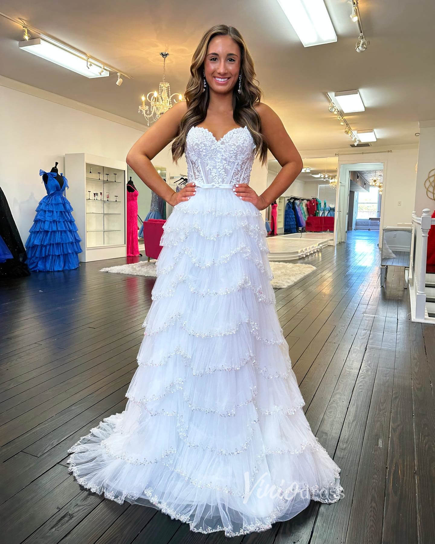 Prom Dress 2025 Beaded Ruffle Wedding Dresses Tiered Skirt with Slit, Spaghetti Strap Prom Dresses FD3640-unique prom dresses-Ivory-Custom Size-Viniodress