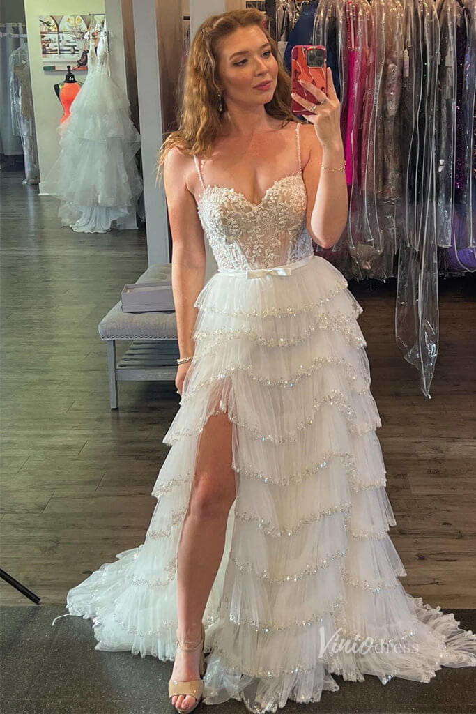 Prom Dress 2025 Beaded Ruffle Wedding Dresses Tiered Skirt with Slit, Spaghetti Strap Prom Dresses FD3640-unique prom dresses-Ivory-Custom Size-Viniodress