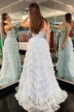 Prom Dress 2025 Beaded Ruffle Wedding Dresses Tiered Skirt with Slit, Spaghetti Strap Prom Dresses FD3640-unique prom dresses-Light Blue-Custom Size-Viniodress