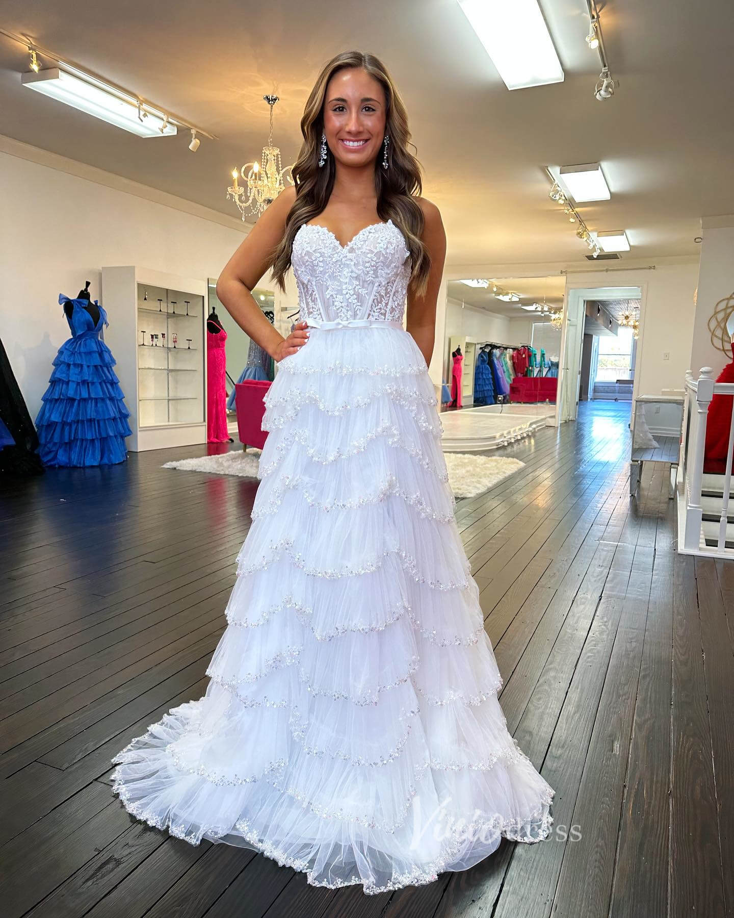 Prom Dress 2025 Beaded Ruffle Wedding Dresses Tiered Skirt with Slit, Spaghetti Strap Prom Dresses FD3640-unique prom dresses-White-Custom Size-Viniodress