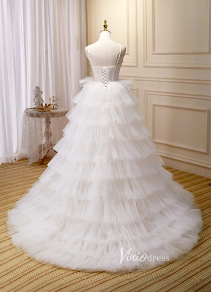 Beaded Ruffle Prom Dresses Tiered Spaghetti Strap Wedding Gown FD2995-prom dresses 2025 -Viniodress-Ivory-Custom Size-