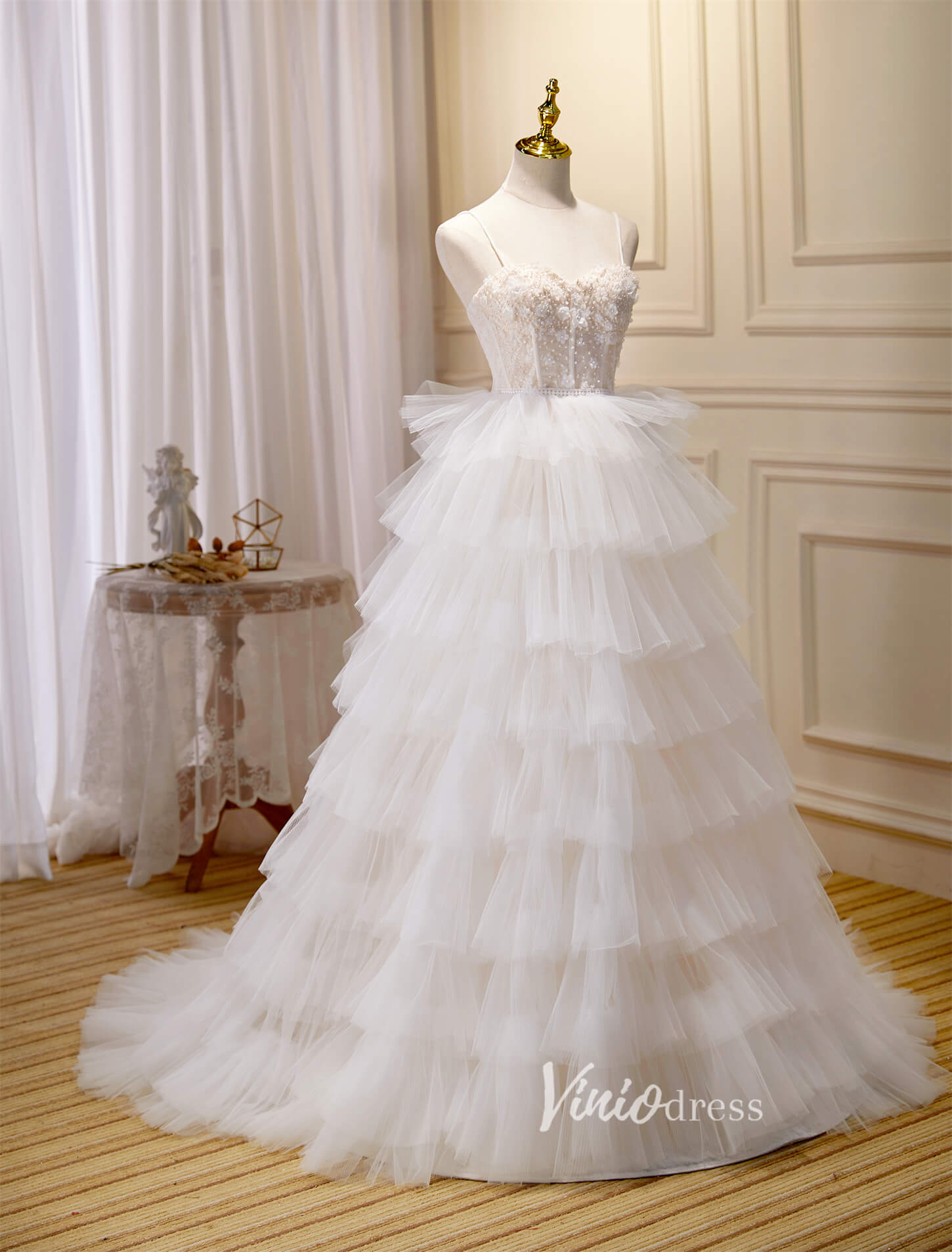 Beaded Ruffle Prom Dresses Tiered Spaghetti Strap Wedding Gown FD2995-prom dresses 2025 -Viniodress-Ivory-Custom Size-