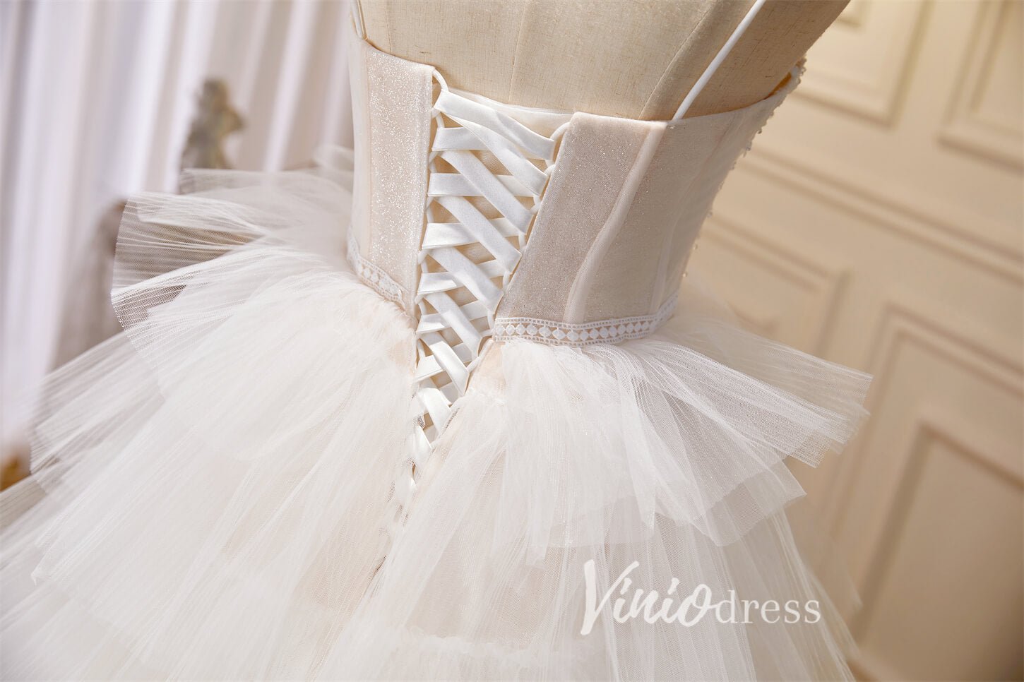 Beaded Ruffle Prom Dresses Tiered Spaghetti Strap Wedding Gown FD2995-prom dresses 2025 -Viniodress-Ivory-Custom Size-