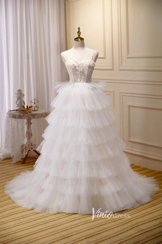 Beaded Ruffle Prom Dresses Tiered Spaghetti Strap Wedding Gown FD2995-prom dresses 2025 -Viniodress-Ivory-Custom Size-
