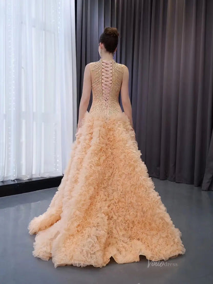 Beaded Ruffled Wedding Dresses High Neck Sleeveless Prom Dresses 241015-Quinceanera Dresses 2025 -Viniodress-Champagne-Custom Size-