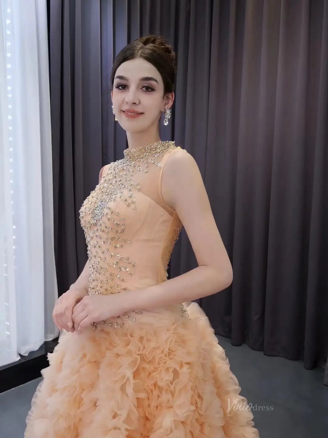 Beaded Ruffled Wedding Dresses High Neck Sleeveless Prom Dresses 241015-Quinceanera Dresses 2025 -Viniodress-Champagne-Custom Size-