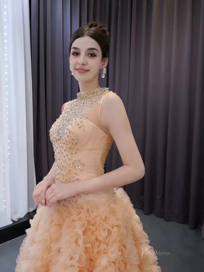 Beaded Ruffled Wedding Dresses High Neck Sleeveless Prom Dresses 241015-Quinceanera Dresses 2025 -Viniodress-Champagne-Custom Size-