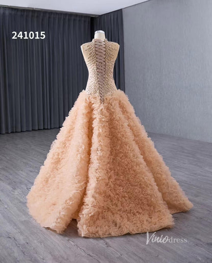 Beaded Ruffled Wedding Dresses High Neck Sleeveless Prom Dresses 241015-Quinceanera Dresses 2025 -Viniodress-Champagne-Custom Size-