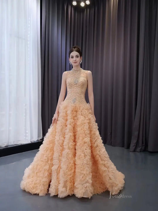 Beaded Ruffled Wedding Dresses High Neck Sleeveless Prom Dresses 241015-Quinceanera Dresses 2025 -Viniodress-Champagne-Custom Size-
