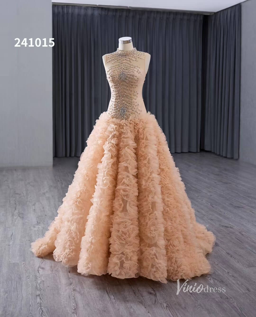 Beaded Ruffled Wedding Dresses High Neck Sleeveless Prom Dresses 241015 - ViniodressQuinceanera DressesChampagneCustom Size - Formal Dresses - Ball Gowns