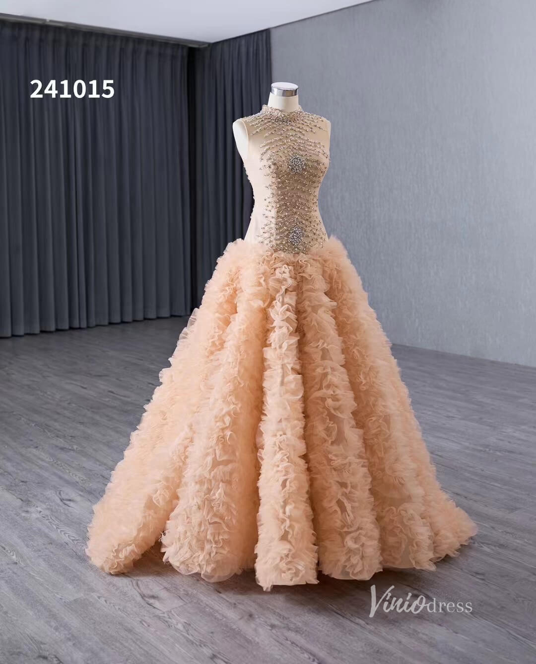 Beaded Ruffled Wedding Dresses High Neck Sleeveless Prom Dresses 241015 - ViniodressQuinceanera DressesChampagneCustom Size - Formal Dresses - Ball Gowns