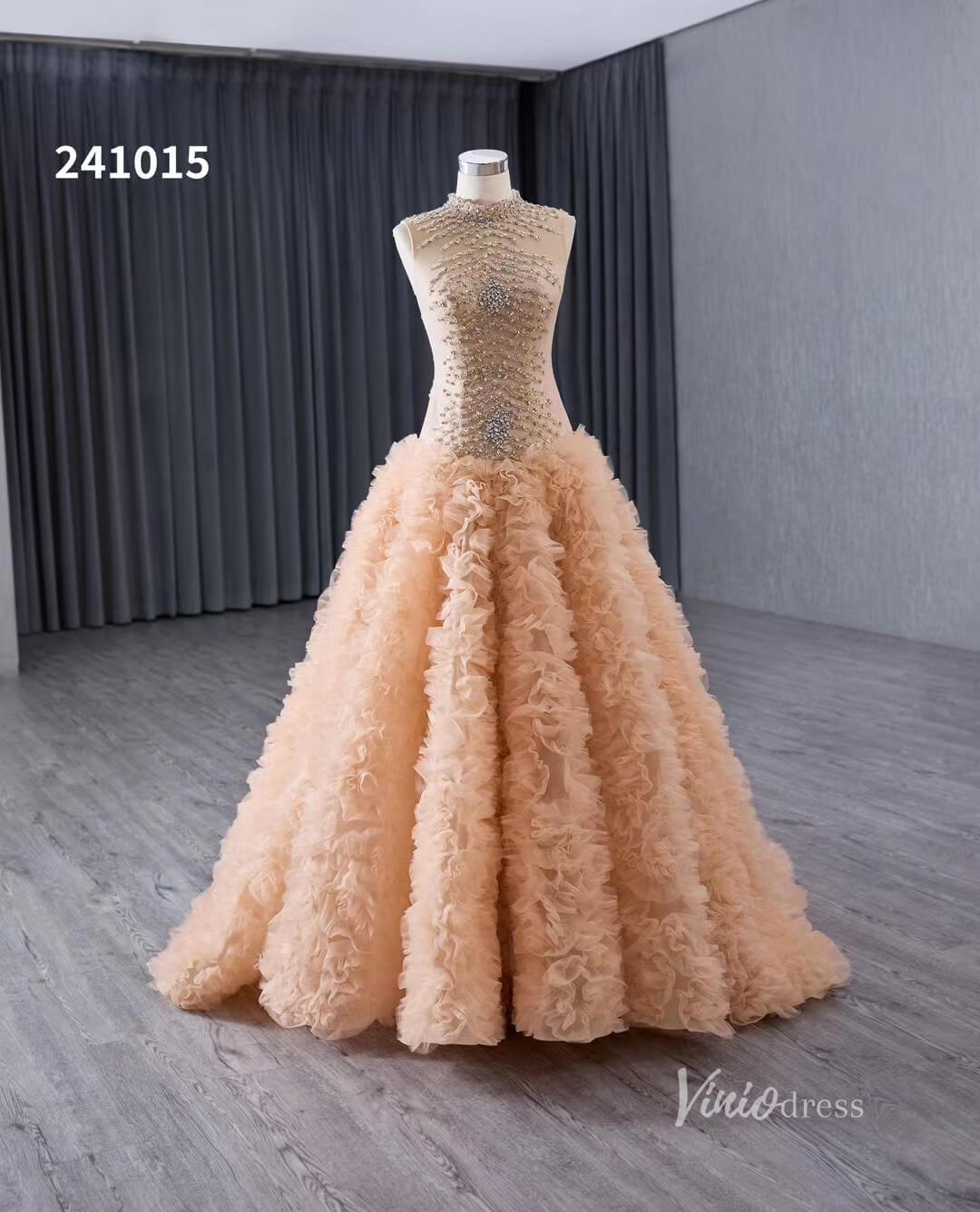 Beaded Ruffled Wedding Dresses High Neck Sleeveless Prom Dresses 241015 - ViniodressQuinceanera DressesChampagneCustom Size - Formal Dresses - Ball Gowns