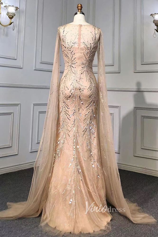 Beaded Sage Evening Dresses Removable Cape Sleeve Prom Dress FD3018 Viniodress Beaded Sage Evening Dresses Removable Cape Sleeve Prom Dress FD3018 Viniodress