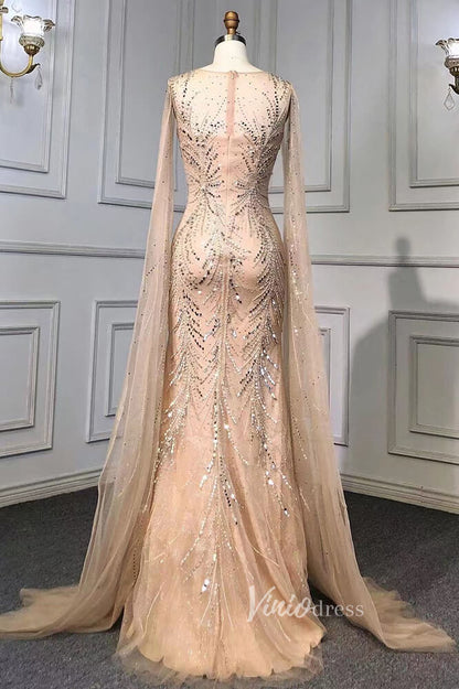 Beaded Sage Evening Dresses Removable Cape Sleeve Prom Dress FD3018-Evening Dresses 2025 -Viniodress-Sage-US 2-