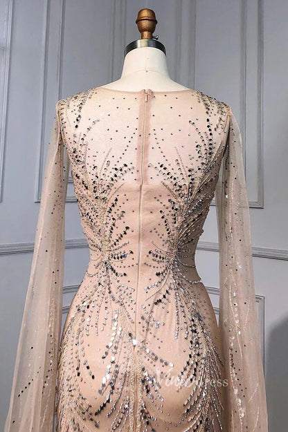 Beaded Sage Evening Dresses Removable Cape Sleeve Prom Dress FD3018-Evening Dresses 2025 -Viniodress-Sage-US 2-