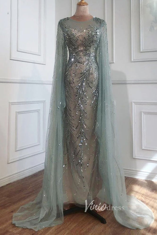 Beaded Sage Evening Dresses Removable Cape Sleeve Prom Dress FD3018-Evening Dresses 2025 -Viniodress-Sage-US 2-