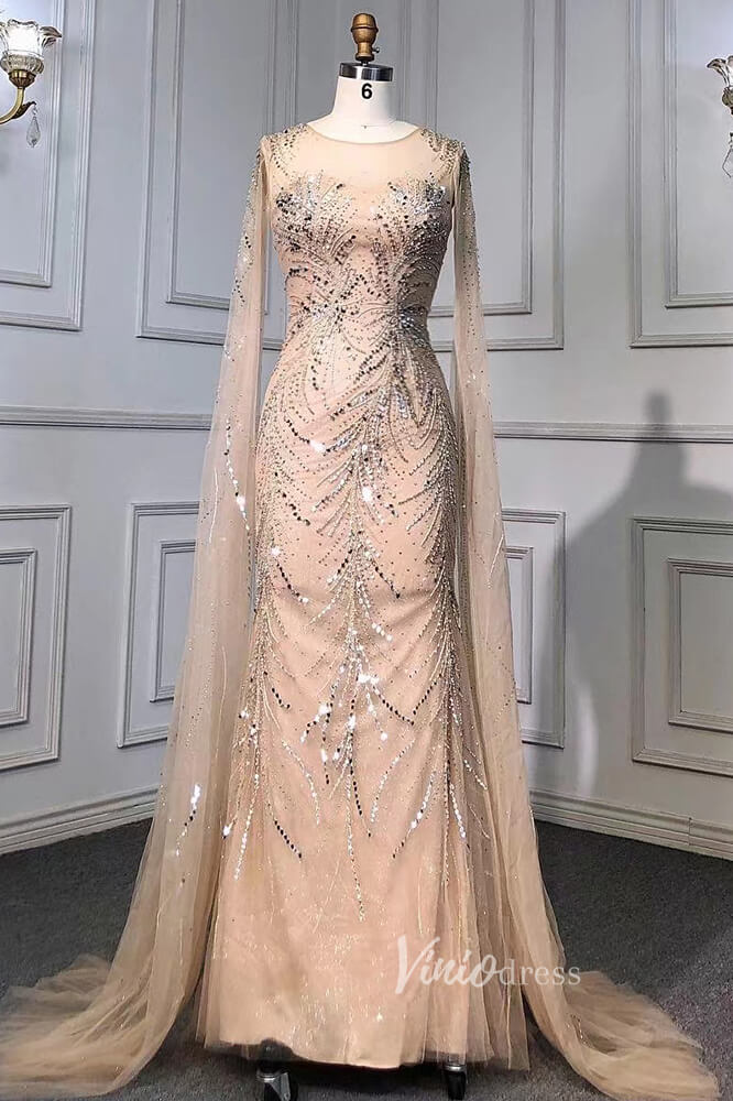 Prom Dress 2025 Beaded Sage Evening Dresses Removable Cape Sleeve Prom Dress FD3018-unique prom dresses-Champagne-US 2-Viniodress