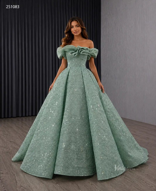 Beaded Sage Green Lace Ball Gown | Off-the-Shoulder Formal Dress with Corset Back 251083-Quinceanera Dresses 2026-Viniodress-Sage Green-US 2-