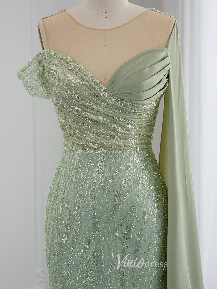 Beaded Sage Green Prom Dresses Watteau Train 1920s Evening Dress 20076-prom dresses-Viniodress-Viniodress
