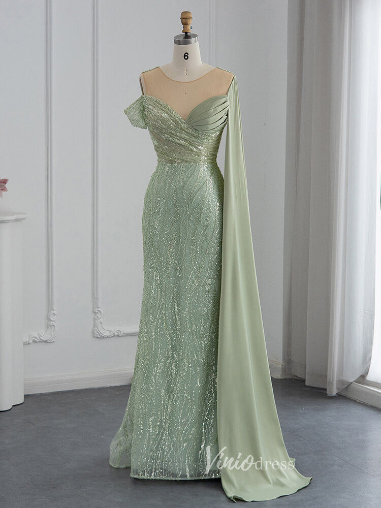 Beaded Sage Green Prom Dresses Watteau Train 1920s Evening Dress 20076-prom dresses-Viniodress-Light Green-US 2-Viniodress