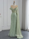 Beaded Sage Green Prom Dresses Watteau Train 1920s Evening Dress 20076