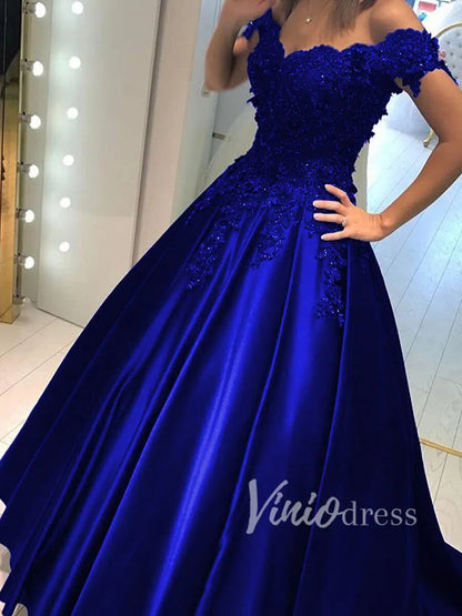 Beaded Satin Ball Gown Prom Dresses Long FD1492-prom dresses 2025 -Viniodress-Royal Blue-Custom Size-