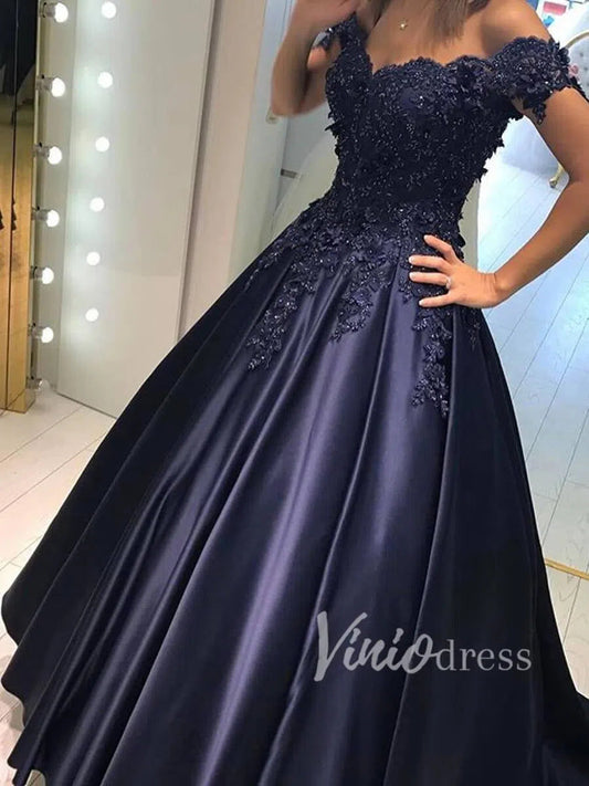 Beaded Satin Ball Gown Prom Dresses Long FD1492-prom dresses 2025 -Viniodress-Navy Blue-Custom Size-