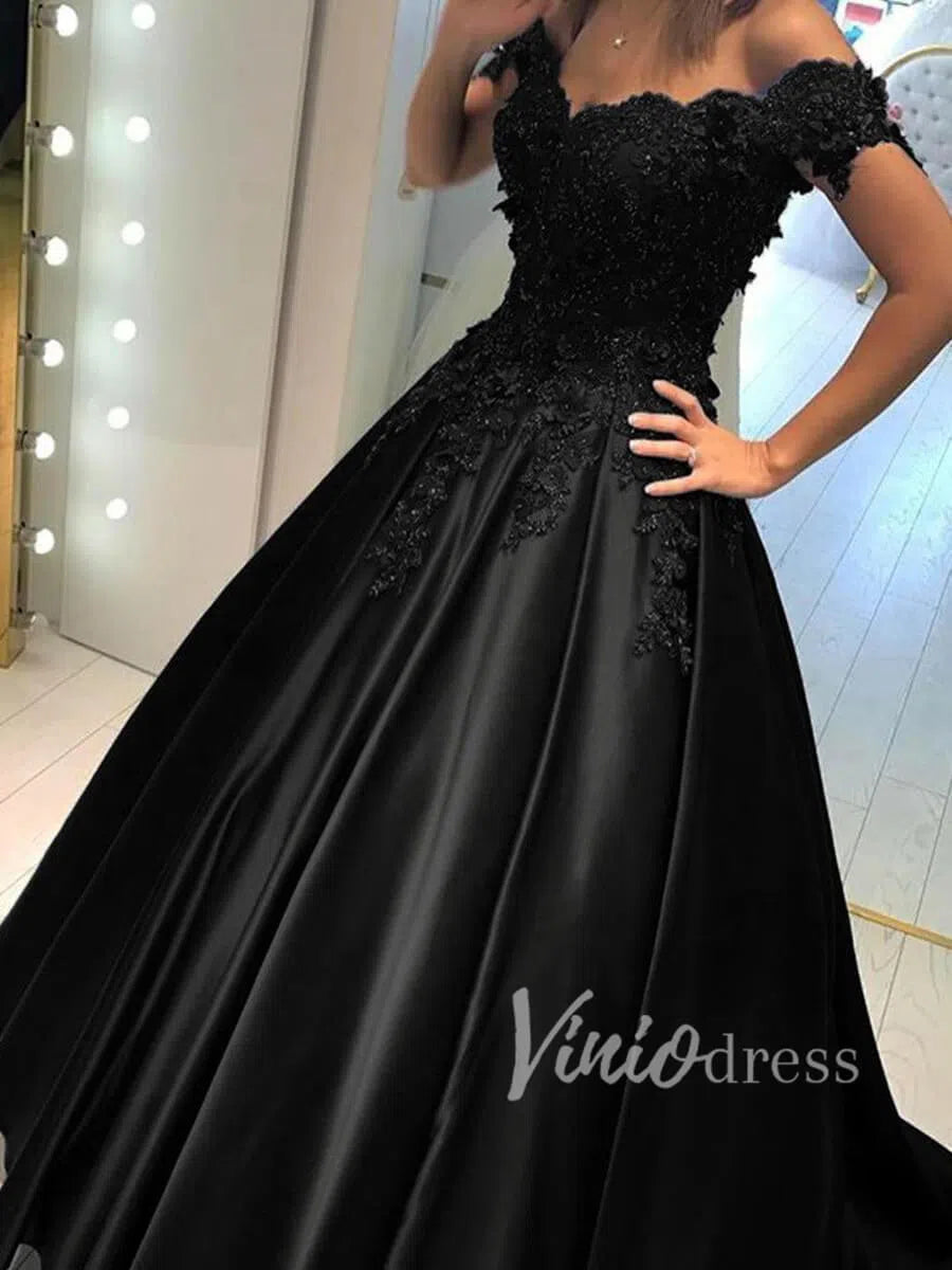 Prom Dress 2025 Beaded Satin Ball Gown Prom Dresses Long FD1492-unique prom dresses-Black-Custom Size-Viniodress