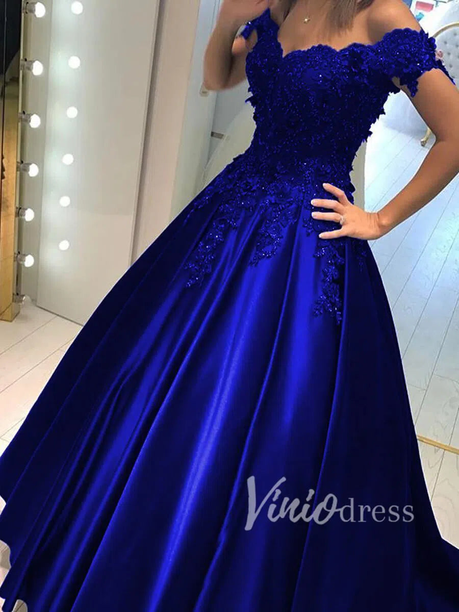 Prom Dress 2025 Beaded Satin Ball Gown Prom Dresses Long FD1492-unique prom dresses-Royal Blue-Custom Size-Viniodress