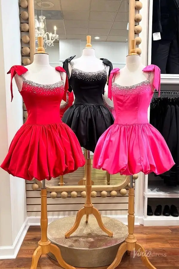 Beaded Satin Bubble Homecoming Dress with Bow Straps, Beaded Neckline & Low Back – H1157-Homecoming Dresses 2025 -Viniodress-Red-Custom Size-