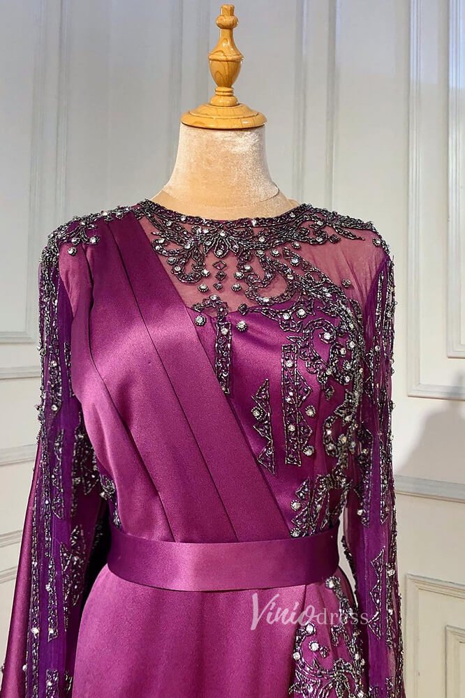 Beaded Satin Purple Evening Dresses Long Sleeve Pageant Dress FD3000-prom dresses 2025 -Viniodress-Purple-US 2-