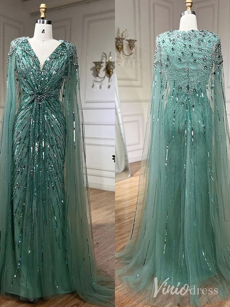 Beaded Sequin Cape Sleeve Prom Dresses V-Neck Pageant Dress AD1258-prom dresses-Viniodress-Green-US 2-Viniodress