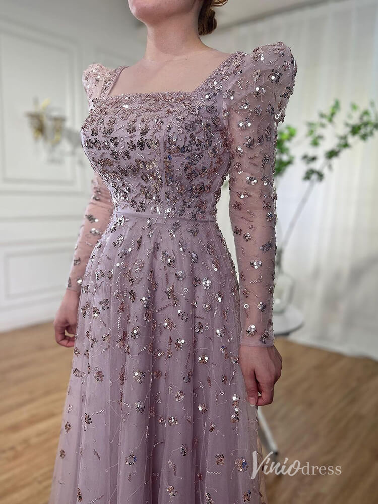 Beaded Sequin Long Sleeve Evening Dresses A-Line Pageant Dress AD1139-Evening Dresses 2025 -Viniodress-Blue-US 2-