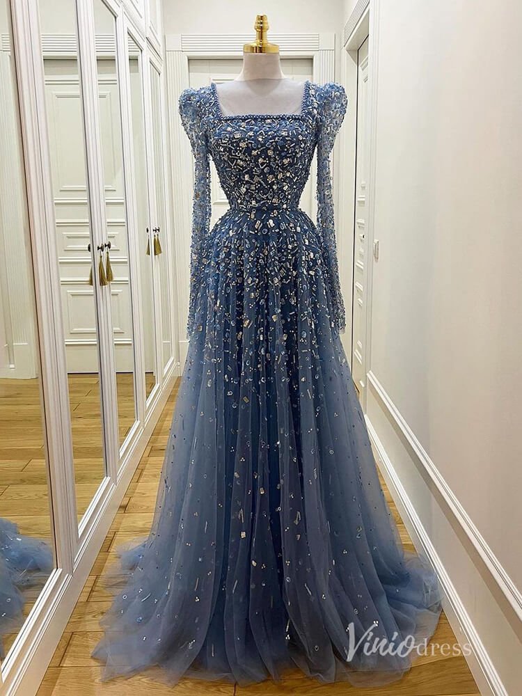 Beaded Sequin Long Sleeve Evening Dresses A-Line Pageant Dress AD1139-Evening Dresses 2025 -Viniodress-Blue-US 2-